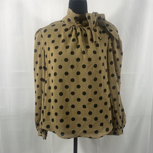 Polka dot blouse,long sleeve, with side neck bow tie closure, black,tan, large - Picture 7 of 8